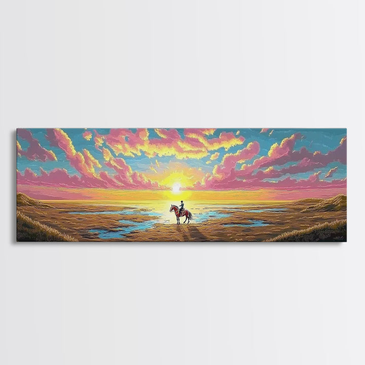 Lone Horse Rider On Sunset Beach Canvas Print, Western Coastal Wall Art For Ranch Decor, Gift For Him And Living Room Decor
