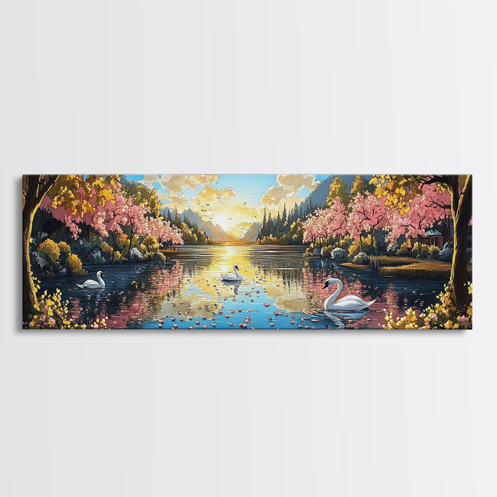 Swans On Golden Lake With Cherry Blossoms Framed Canvas Print, Romantic Landscape Wall Art For Bedroom Decor And Home Decor