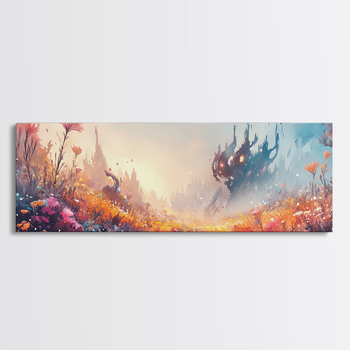Misty Fantasy Flower Field With Dark Castle Canvas Print, Surreal Landscape Wall Art, Colorful Whimsical Bedroom Decor Gift