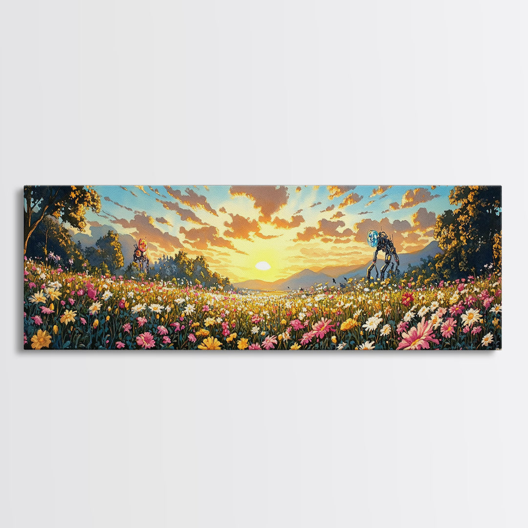 Sunrise Daisy Meadow With Tiny Robots Framed Canvas Print, Panoramic Floral Wall Art, Bright Farmhouse Living Room Decor