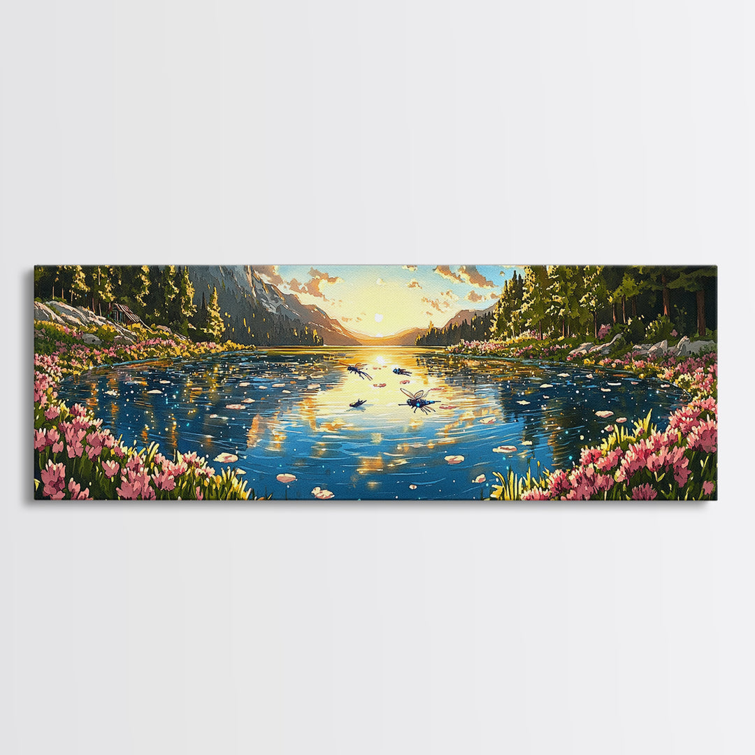 Sparkling Mountain Lake With Pink Wildflowers Canvas Print, Panoramic Landscape Wall Art, Nature Decor For Living Room Gift
