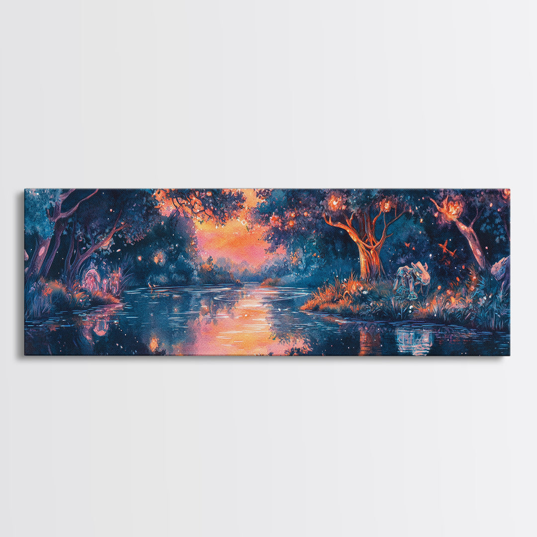 Enchanted Twilight Forest Lake Wall Art, Magical Firefly Landscape Canvas, Fantasy Woodland Decor, Panoramic Nature Print