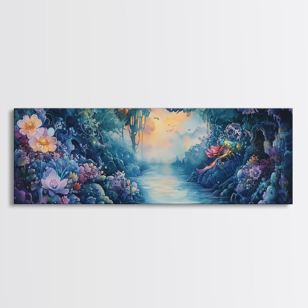 Mystical Flower Grotto River Wall Art, Fantasy Botanical Canvas Print, Whimsical Fairycore Decor, Dreamy Landscape Art Print