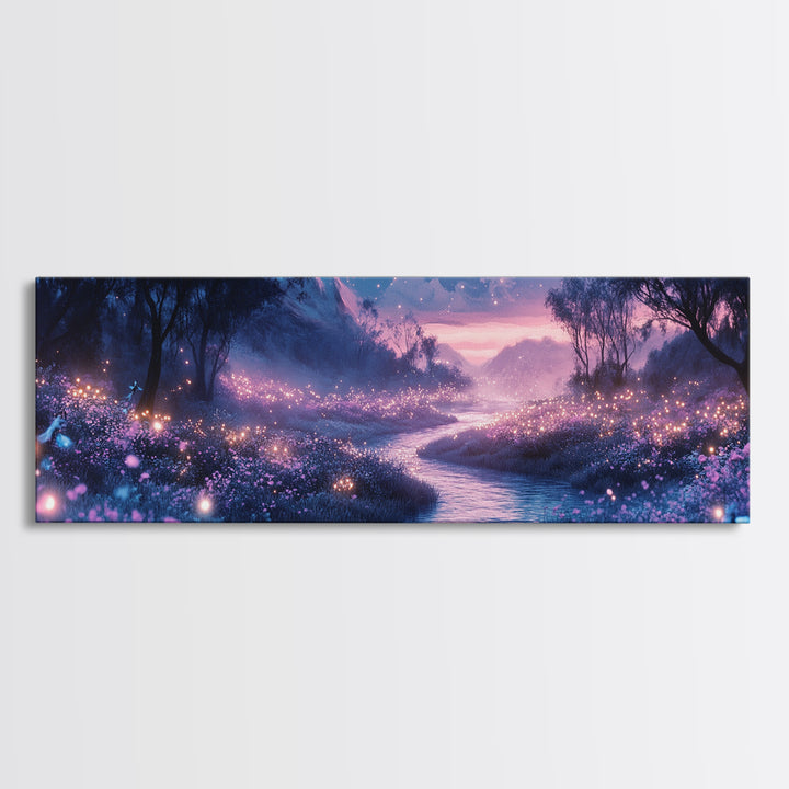 Glowing Purple Meadow Stream Wall Art, Twilight Firefly Landscape Canvas Print, Dreamy Forest Decor, Magical Nature Art Gift