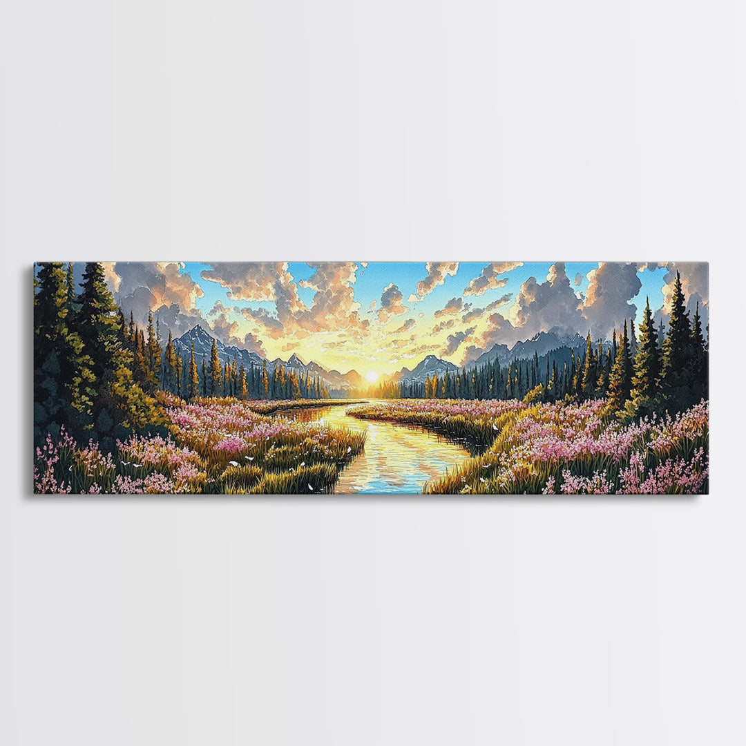 Alpine Mountain Meadow Creek Wall Art, Sunrise Wildflower Landscape Canvas Print, Cabin Decor, Living Room Wall Decor, Nature Art