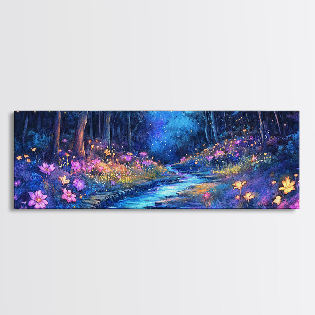 Moonlit Blue Forest Stream Wall Art, Glowing Wildflower Landscape Canvas Print, Fairy Garden Decor, Magical Nature Art Gift