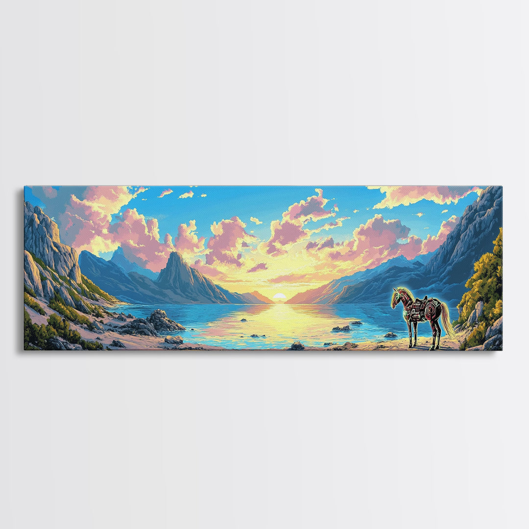 Pastel Mountain Cove With Zebra Wall Art, Fantasy Coastal Landscape Canvas Print, Surreal Beach Decor, Colorful Nature Art