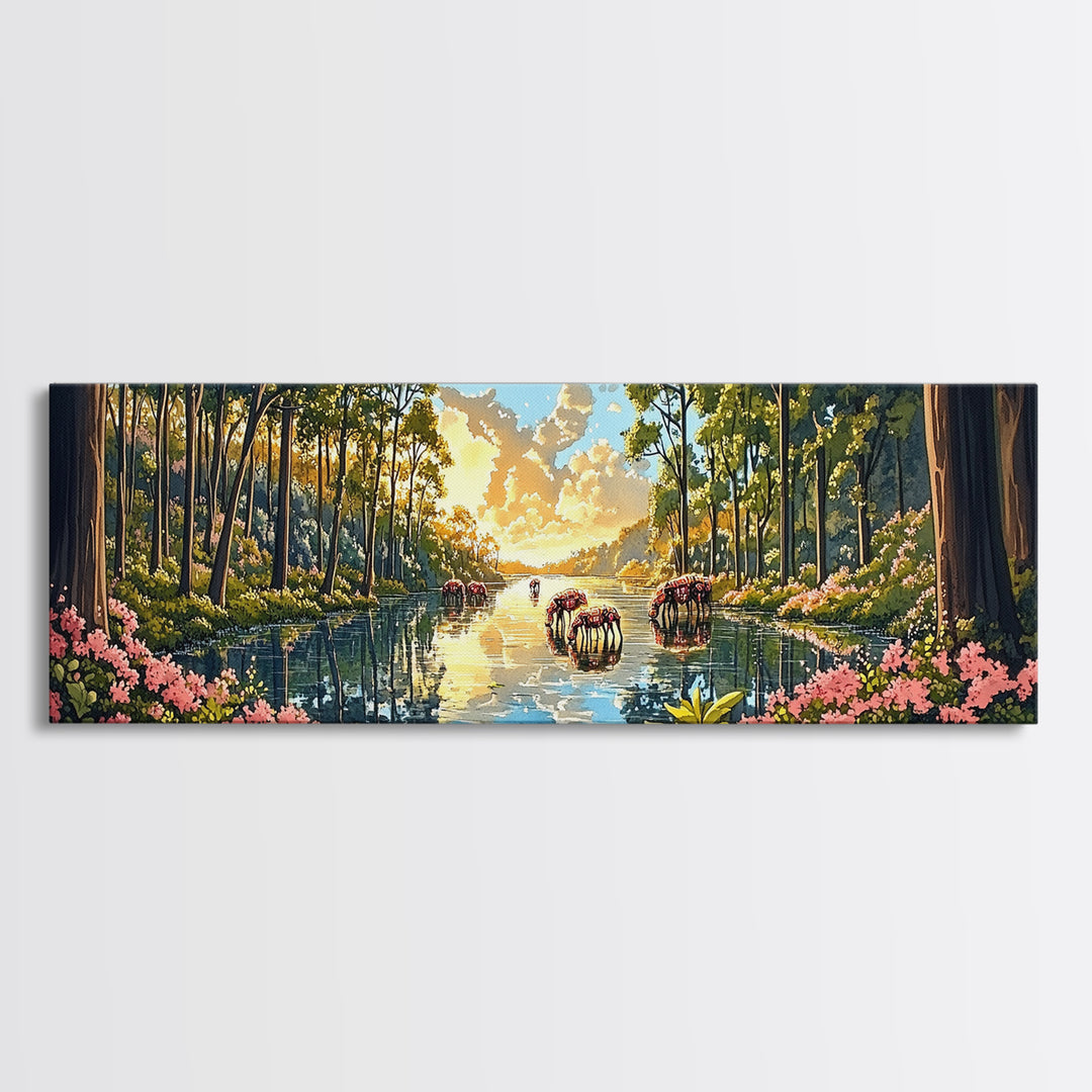 Sunlit Forest River With Wild Horses Wall Art, Panoramic Canvas Print, Nature Landscape, Living Room Decor, Housewarming Gift