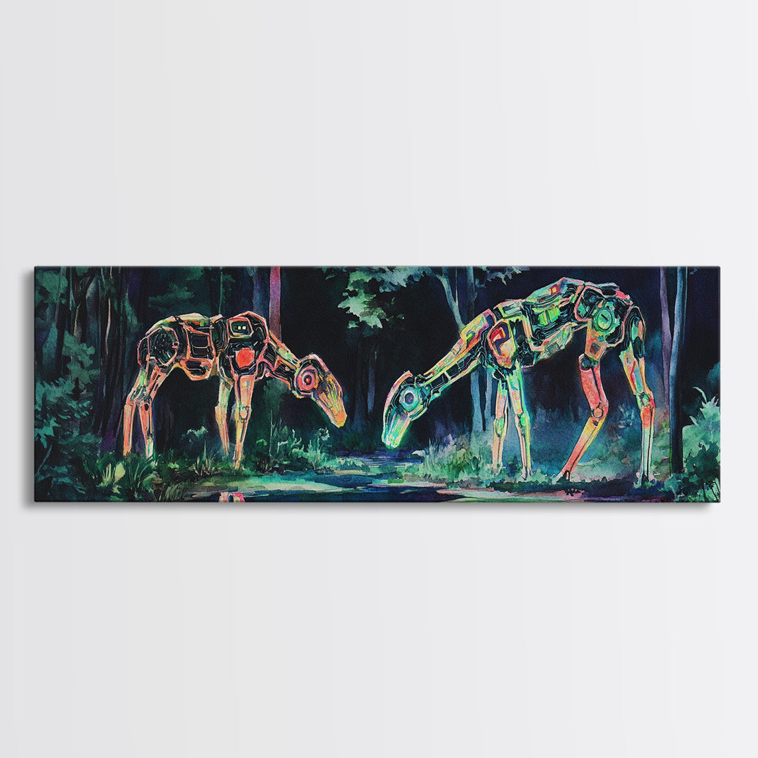 Neon Robotic Deer In Dark Forest Wall Art, Futuristic Canvas Print, Cyberpunk Decor, Sci Fi Art, Gaming Room Wall Decor, Gift For Him
