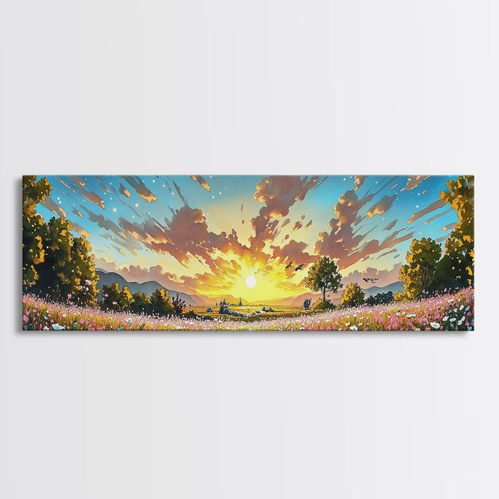 Golden Sunrise Wildflower Meadow Wall Art, Wide Horizontal Canvas Print, Landscape Art, Above Sofa Decor, Modern Home Decor
