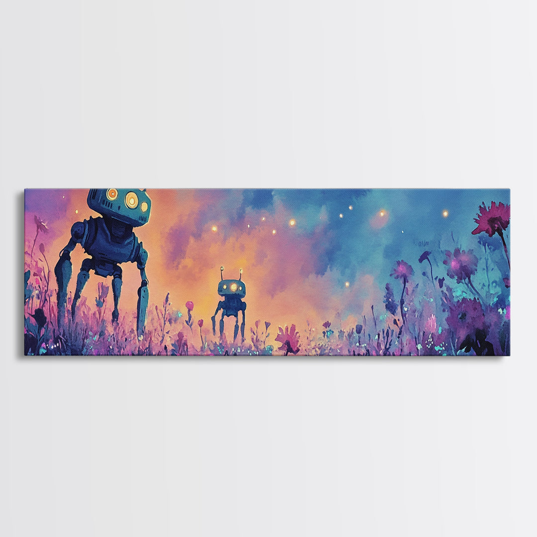 Cute Robots In Pastel Wildflower Field Wall Art, Whimsical Canvas Print, Sci Fi Decor, Kids Room Art, Unique Gift, Nursery Decor