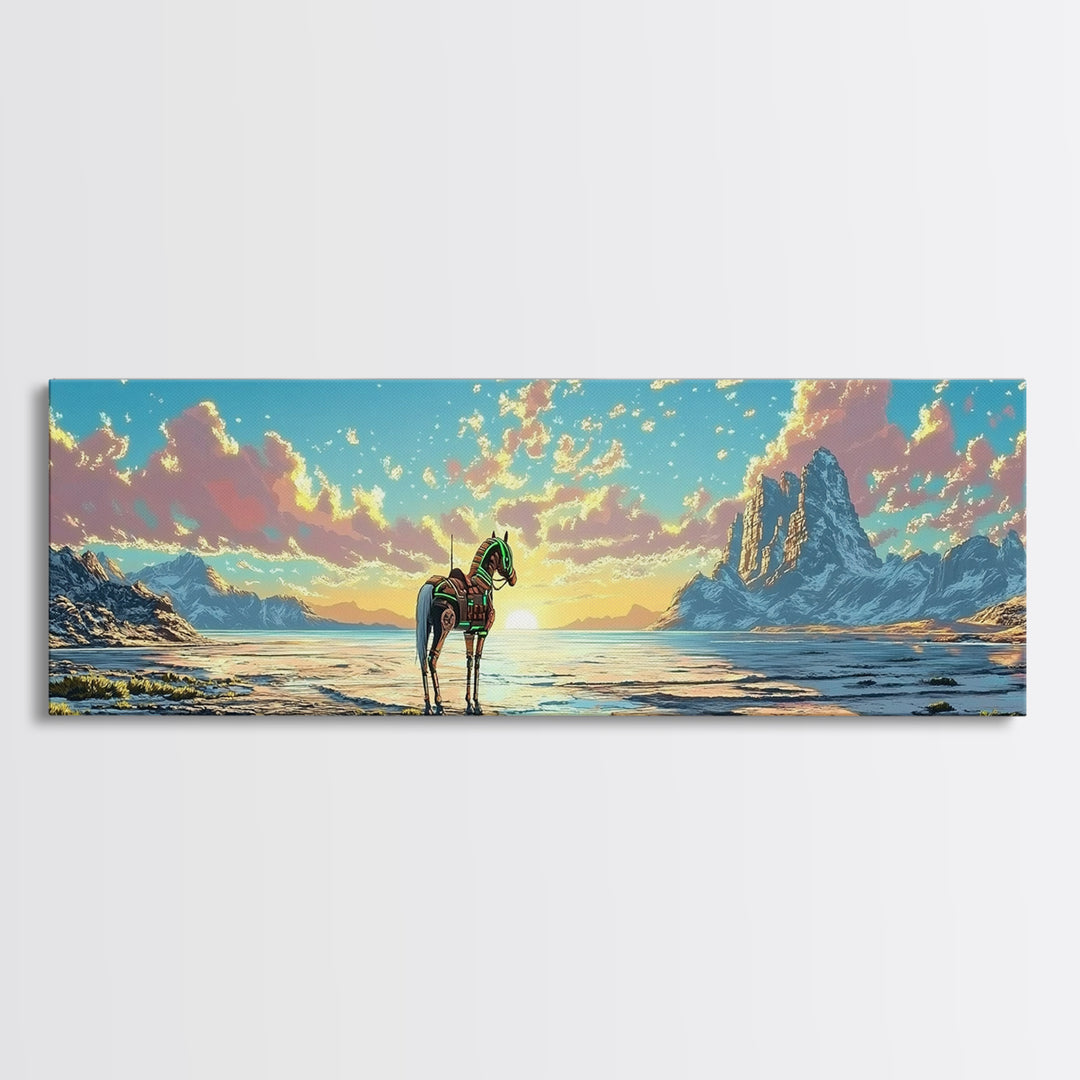 Solitary Horse At Alpine Sunrise Canvas Print, Panoramic Mountain Lake Wall Art, Western Decor, Living Room Decor, Home Decor