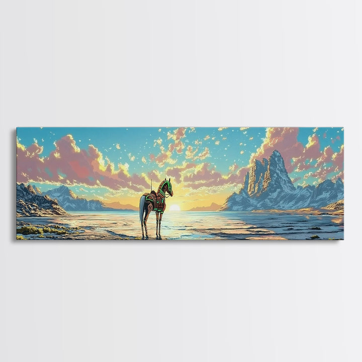Solitary Horse At Alpine Sunrise Canvas Print, Panoramic Mountain Lake Wall Art, Western Decor, Living Room Decor, Home Decor