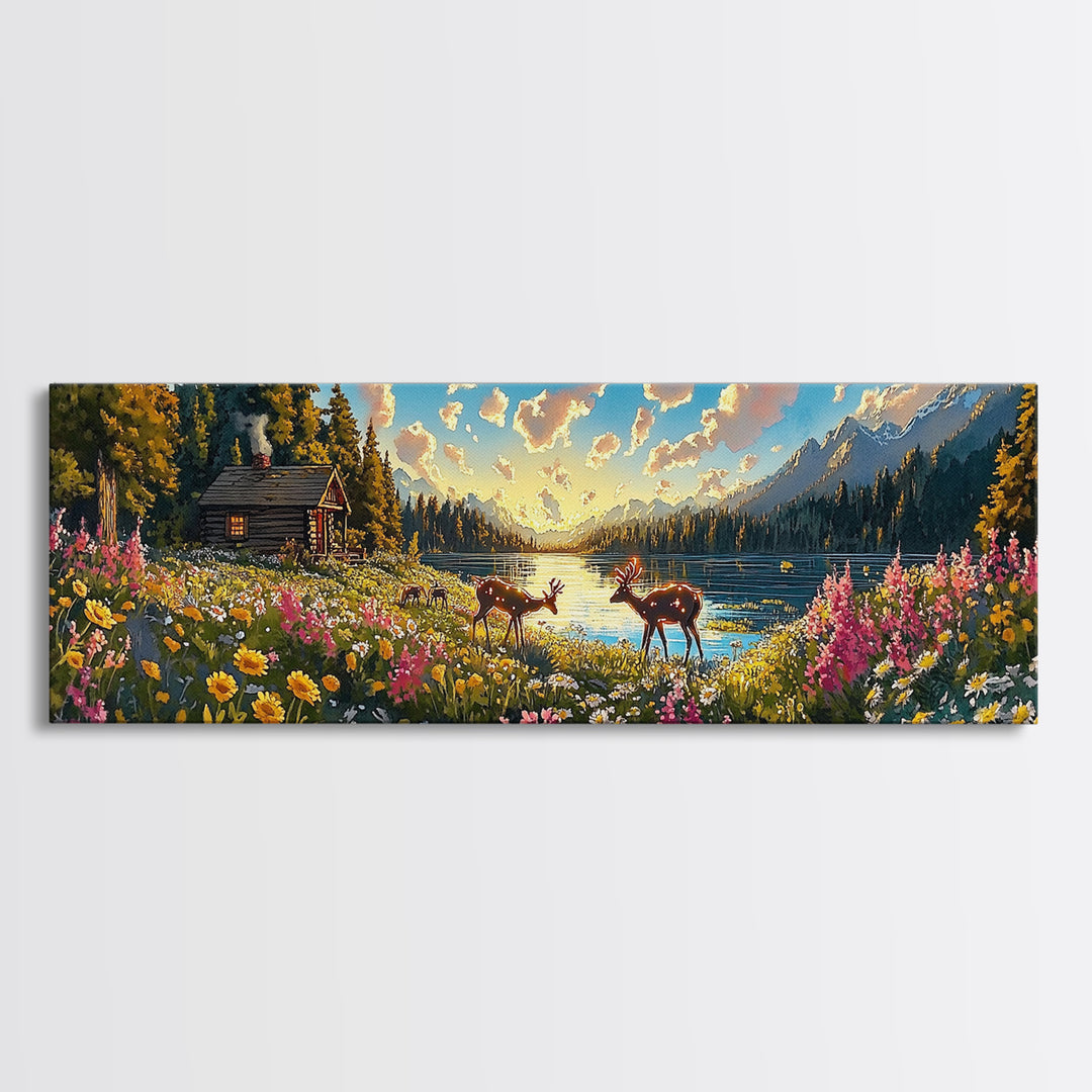 Rustic Cabin With Deer And Wildflowers Framed Canvas Print, Mountain Lake Wall Art, Farmhouse Decor, Housewarming Gift, Living Room Decor