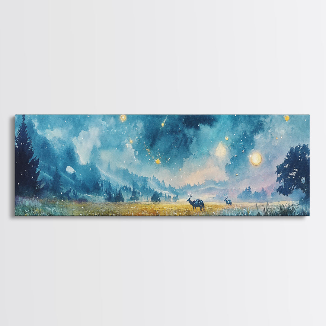 Moonlit Blue Meadow With Deer And Fireflies Wall Art, Dreamy Landscape Canvas Print, Celestial Decor, Calming Bedroom Decor