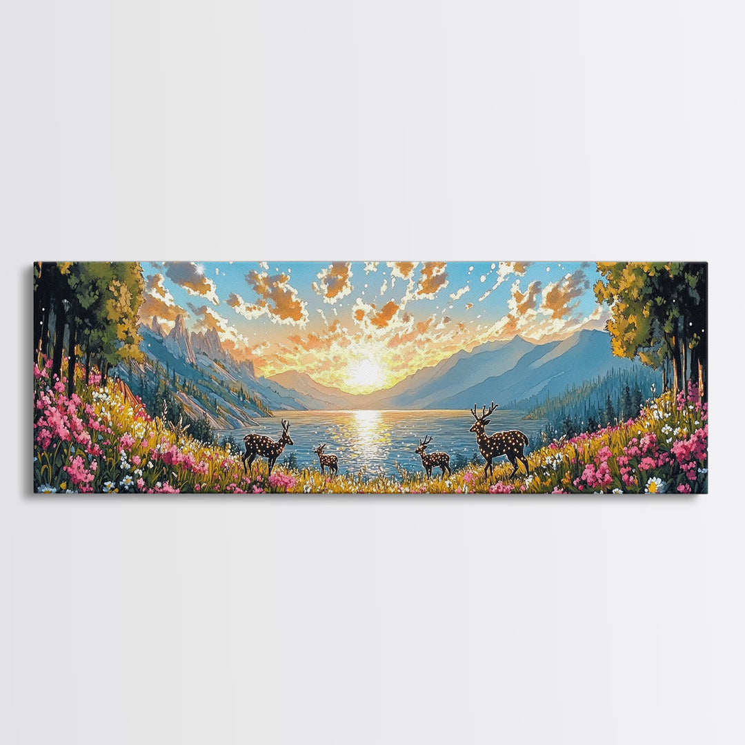 Deer Herd At Golden Alpine Lake Sunrise Wall Art, Wildflower Mountain Landscape Canvas Print, Large Living Room Decor, Housewarming Gift
