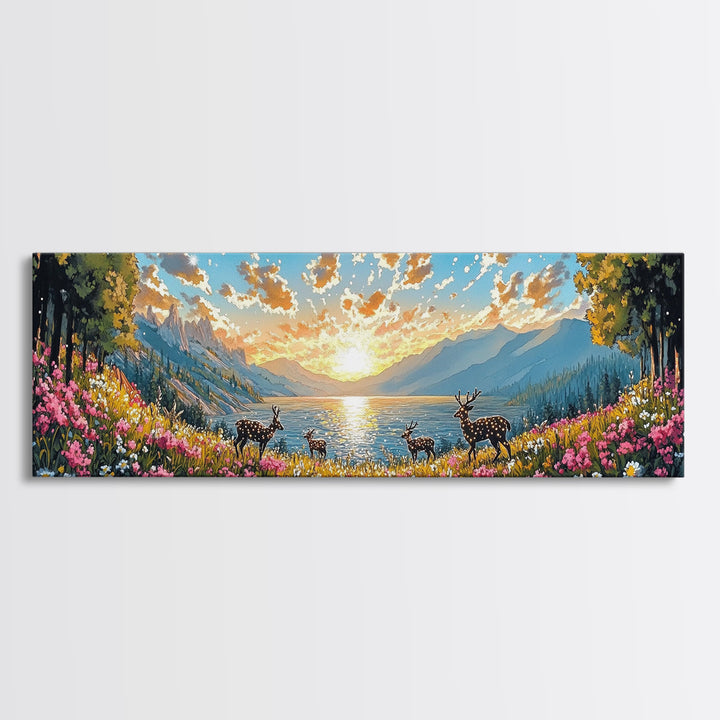 Deer Herd At Golden Alpine Lake Sunrise Wall Art, Wildflower Mountain Landscape Canvas Print, Large Living Room Decor, Housewarming Gift