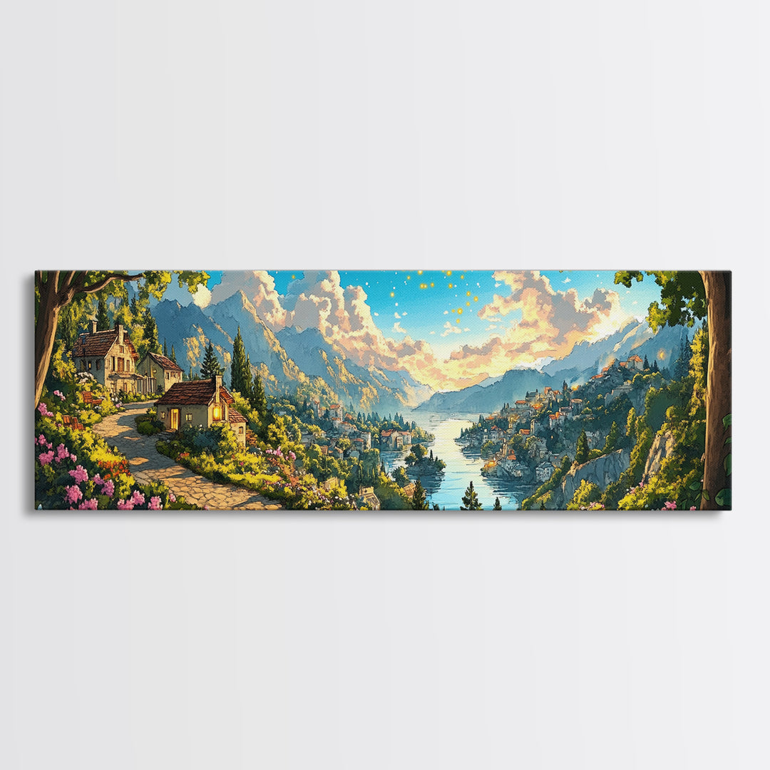 Sunlit Lakeside Village And Mountain Garden Canvas Print, Italian Landscape Wall Art, Travel Poster, Elegant Home Decor, Fine Art Print