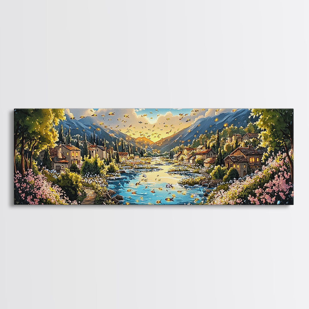 Sunny Mountain River Village With Wildflowers Wall Art, Panoramic Landscape Canvas Print, Rustic Home Decor, Above Sofa Art