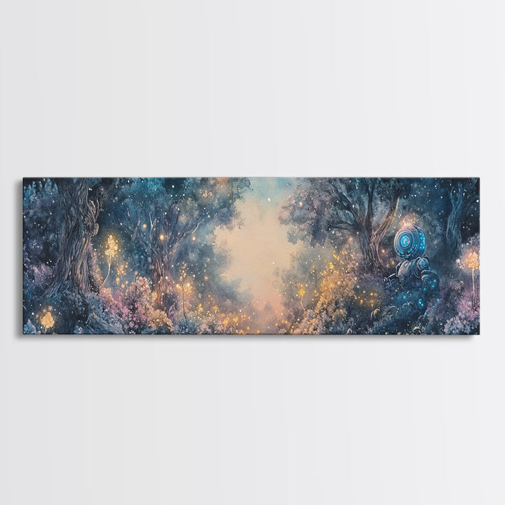 Enchanted Blue Forest With Glowing Fireflies Wall Art, Fantasy Landscape Canvas Print, Magical Woodland Living Room Decor