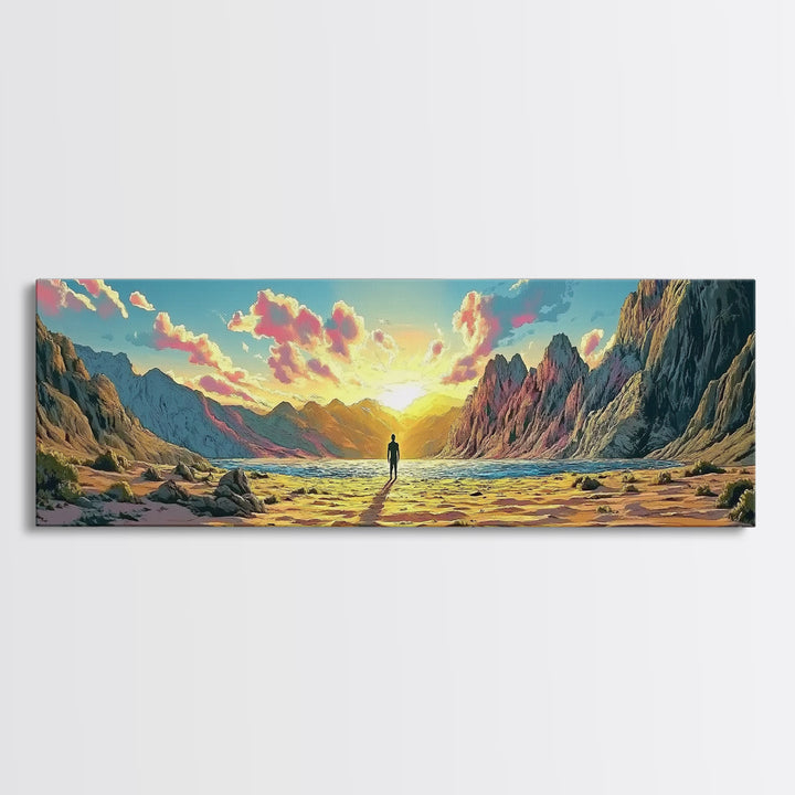 Radiant Mountain Sunrise Valley With Lone Wanderer Wall Art, Panoramic Landscape Canvas Print, Large Modern Living Room Decor