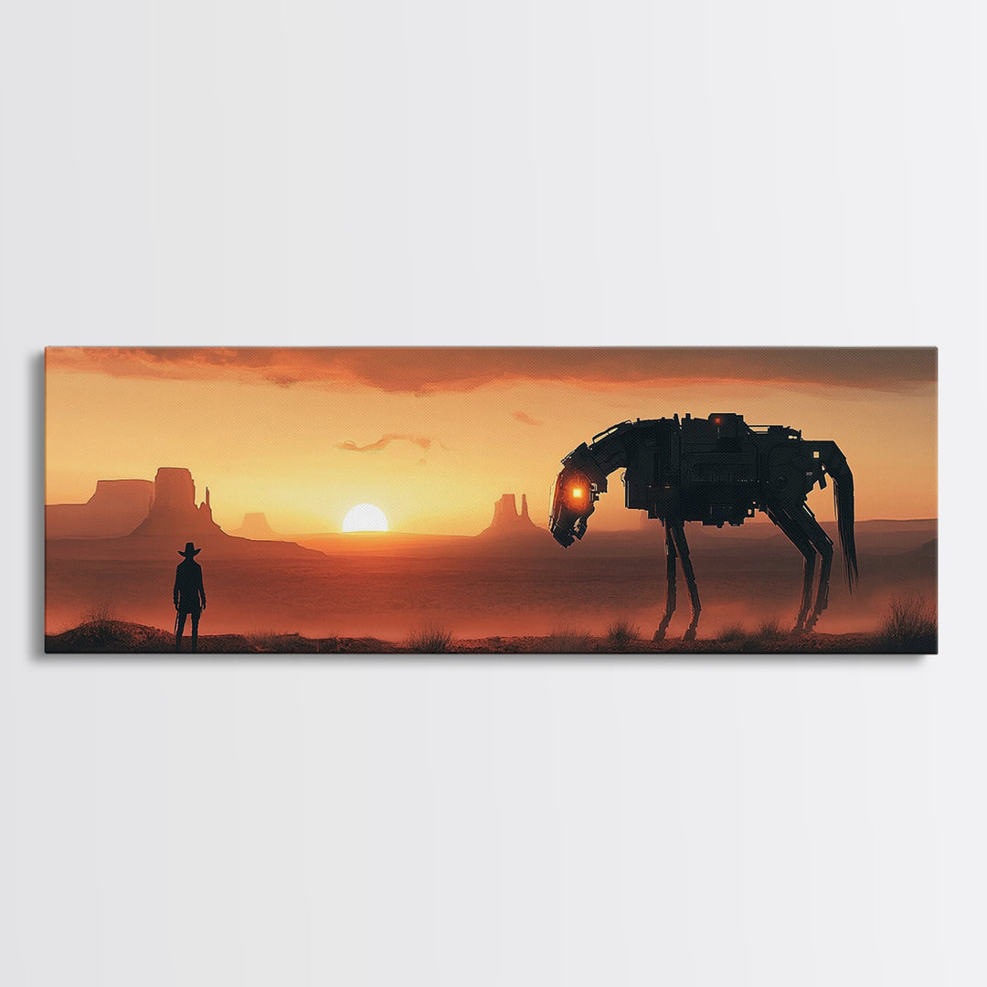 Cyberpunk Cowboy And Mechanical Horse At Sunset Wall Art, Sci Fi Western Canvas Print, Desert Landscape Man Cave Office Decor