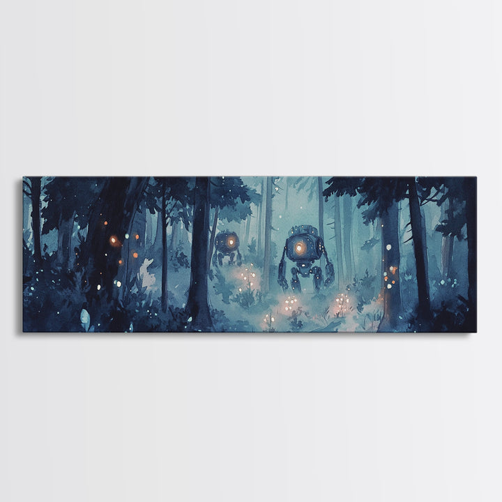 Misty Blue Forest Robots With Glowing Lantern Eyes Wall Art, Sci Fi Fantasy Canvas Print, Moody Woodland Home Office Decor