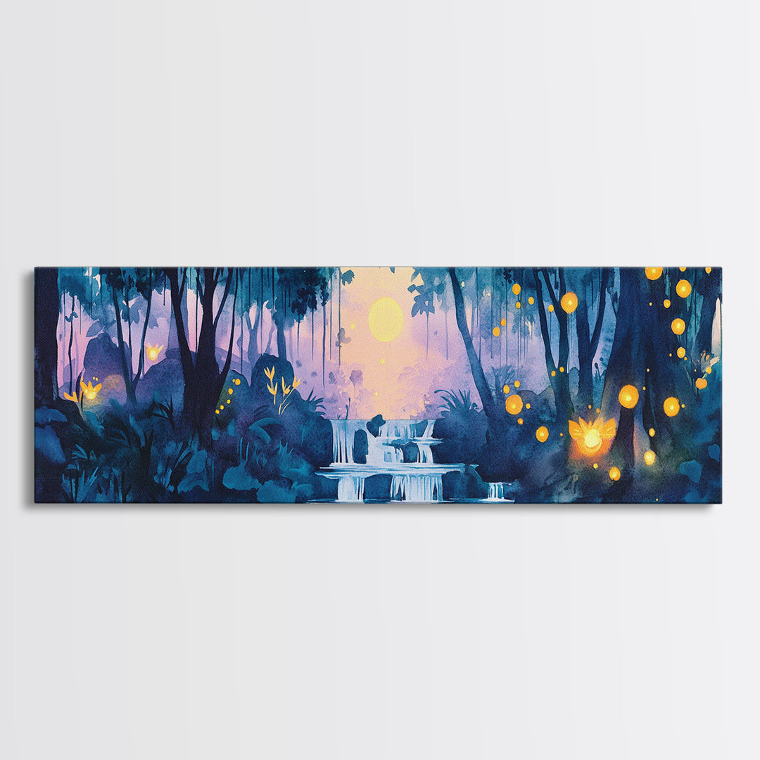 Moonlit Blue Jungle Waterfall With Glowing Fireflies Wall Art, Fantasy Watercolor Canvas Print, Whimsical Bathroom Decor