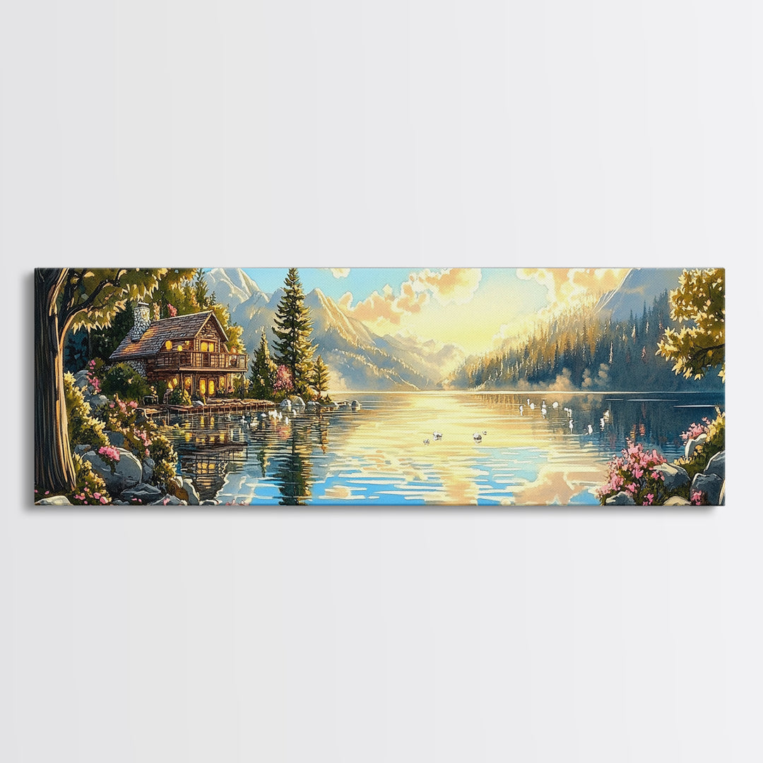 Alpine Lake Cabin With Mountain Reflections Wall Art, Panoramic Landscape Canvas Print, Rustic Lodge Home Living Room Decor