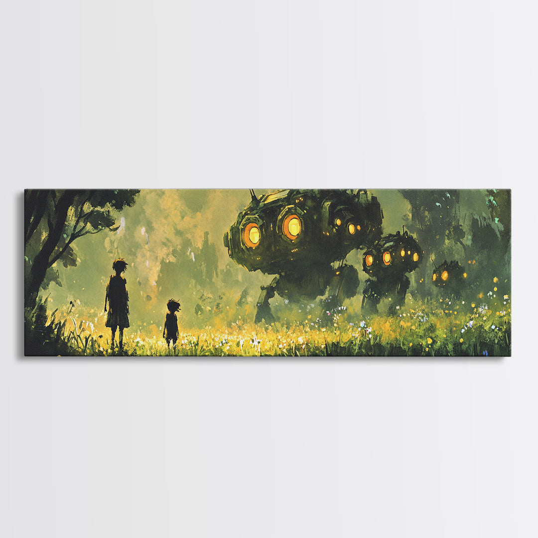 Children In Glowing Meadow Watching Flying Robots Wall Art, Sci Fi Fantasy Canvas Print, Whimsical Futuristic Home Decor