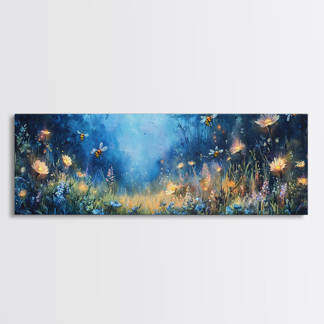 Glowing Firefly Wildflower Night Meadow Canvas Print, Whimsical Wall Art, Moody Botanical Art, Dark Blue Wall Decor, Bedroom Decor
