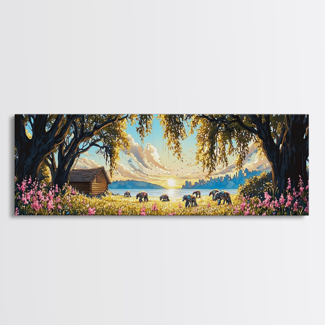 Rustic Lakeside Cabin Horse Meadow Framed Canvas Print, Country Wall Art, Farmhouse Decor, Landscape Wall Decor, Lake House Decor