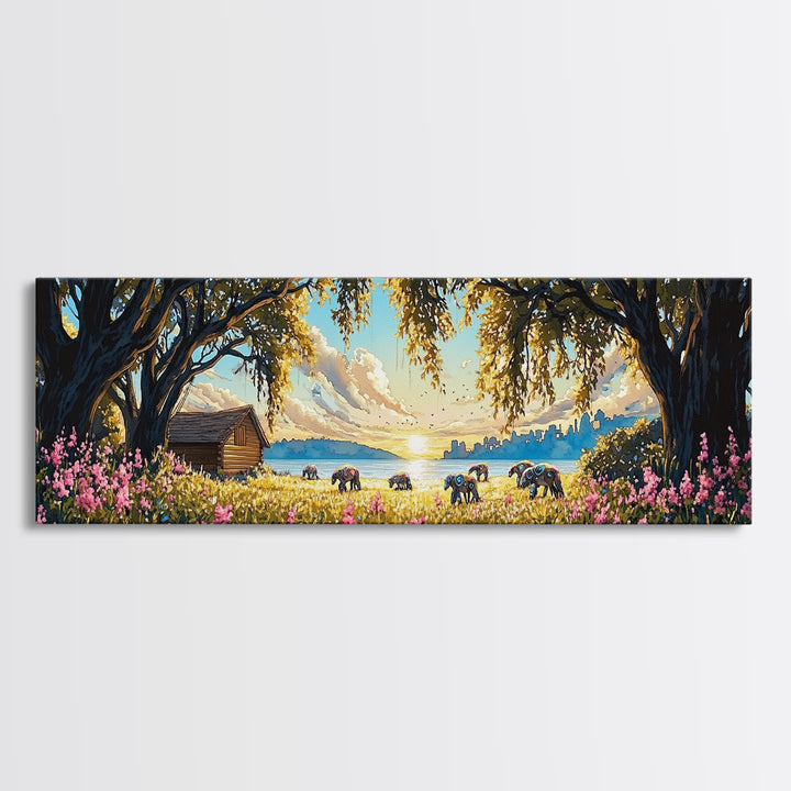Rustic Lakeside Cabin Horse Meadow Framed Canvas Print, Country Wall Art, Farmhouse Decor, Landscape Wall Decor, Lake House Decor