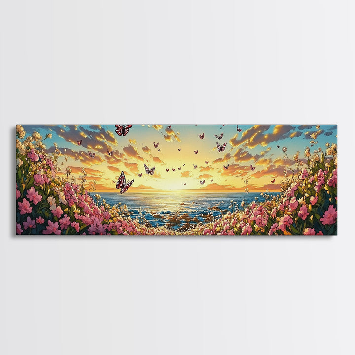 Butterfly Ocean Sunset Pink Flower Canvas Print, Coastal Wall Art, Romantic Bedroom Art, Beach House Decor, Gift For Her