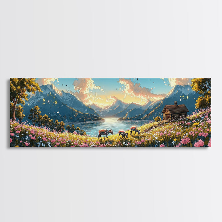 Alpine Lake With Horses And Flower Meadow Wall Art, Mountain Landscape Canvas Print, Rustic Cabin Decor, Living Room Art