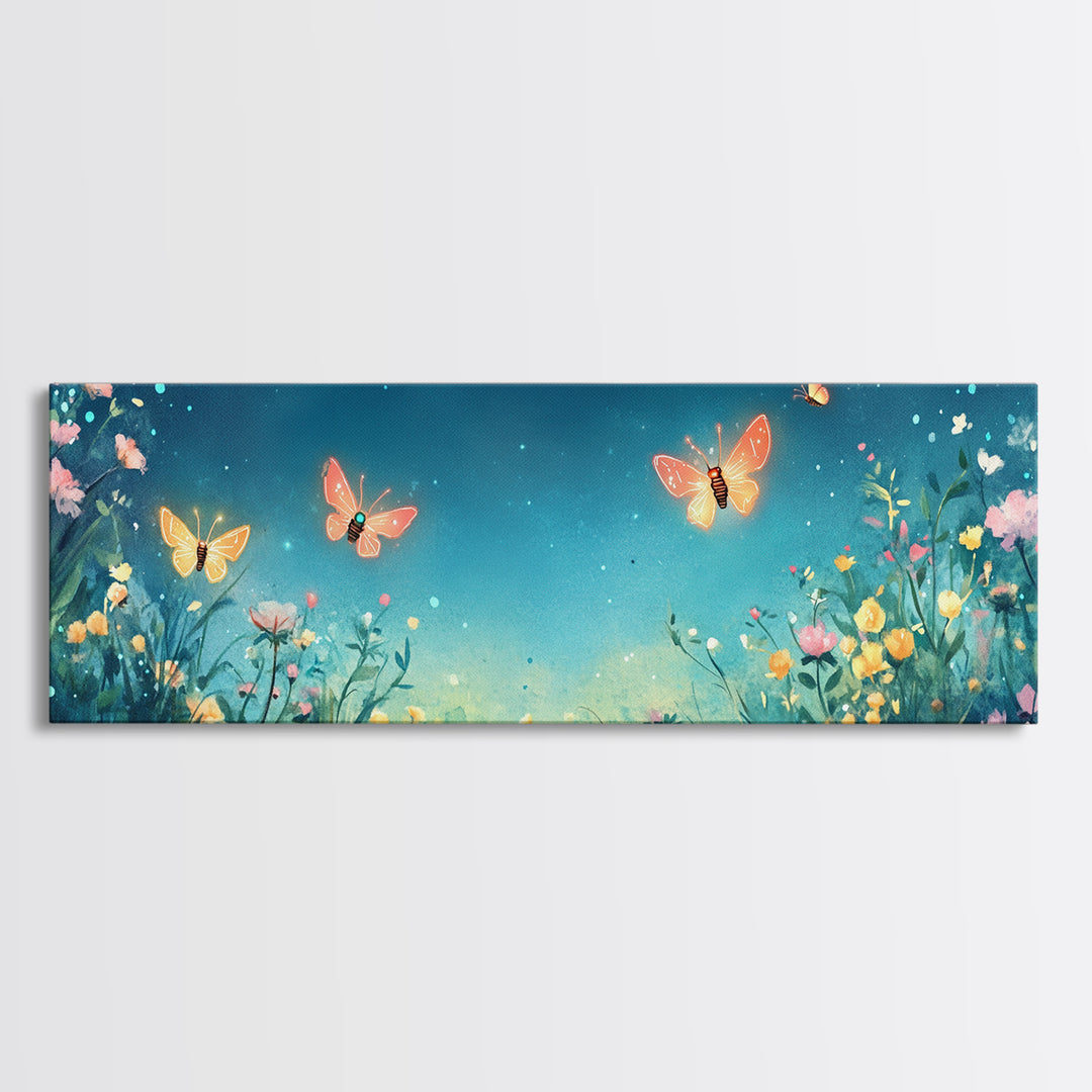 Butterflies Over Teal Wildflower Garden Wall Art, Whimsical Floral Canvas Print, Nursery Decor, Bedroom Wall Decor Gift