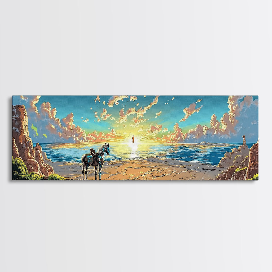 Lone Horse On Sunset Beach Wall Art, Coastal Landscape Canvas Print, Western Seascape Decor, Above Bed Wall Decor Gift Idea