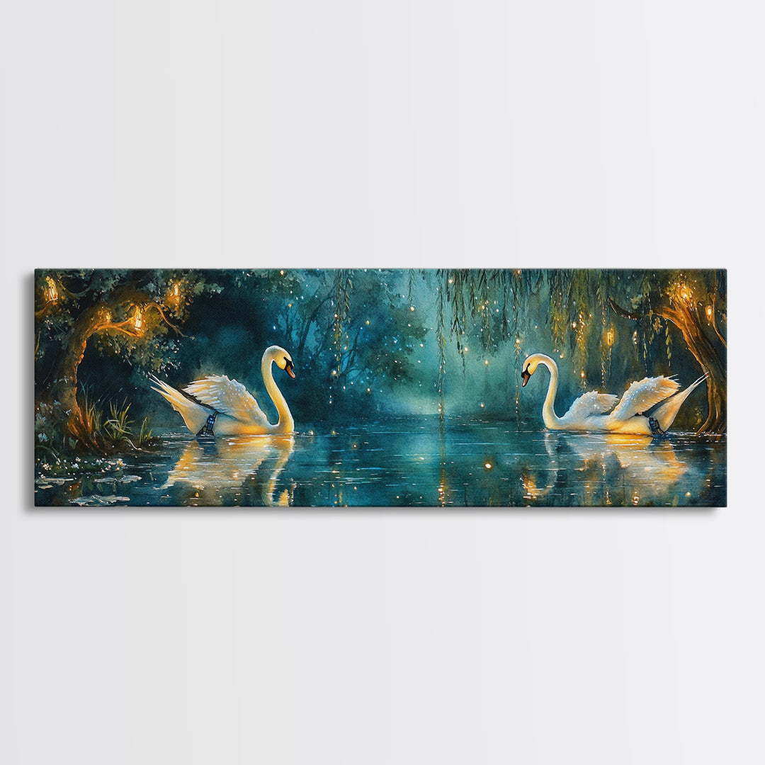 Moonlit Swans On Enchanted Pond Wall Art, Dark Botanical Framed Canvas Print, Romantic Bedroom Decor, Nature Wall Art Gift