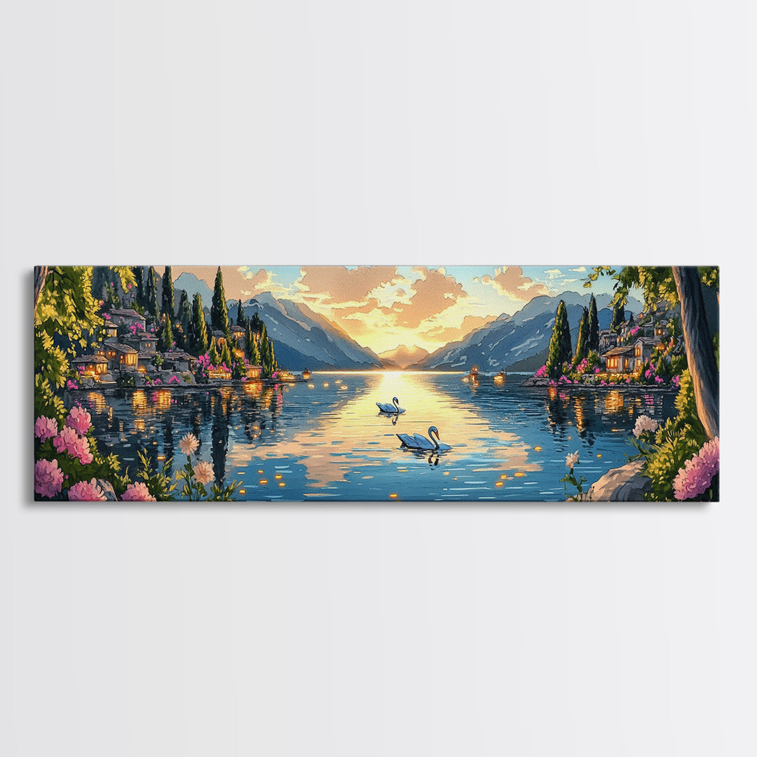 Italian Lake Sunset With Swans Framed Canvas Print, Romantic Coastal Wall Art, Mediterranean Decor, Large Living Room Art