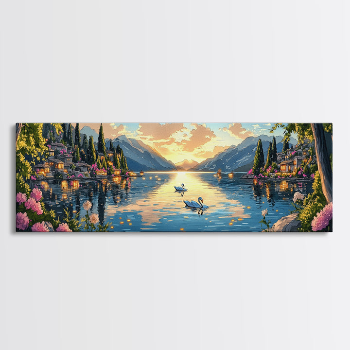 Italian Lake Sunset With Swans Framed Canvas Print, Romantic Coastal Wall Art, Mediterranean Decor, Large Living Room Art