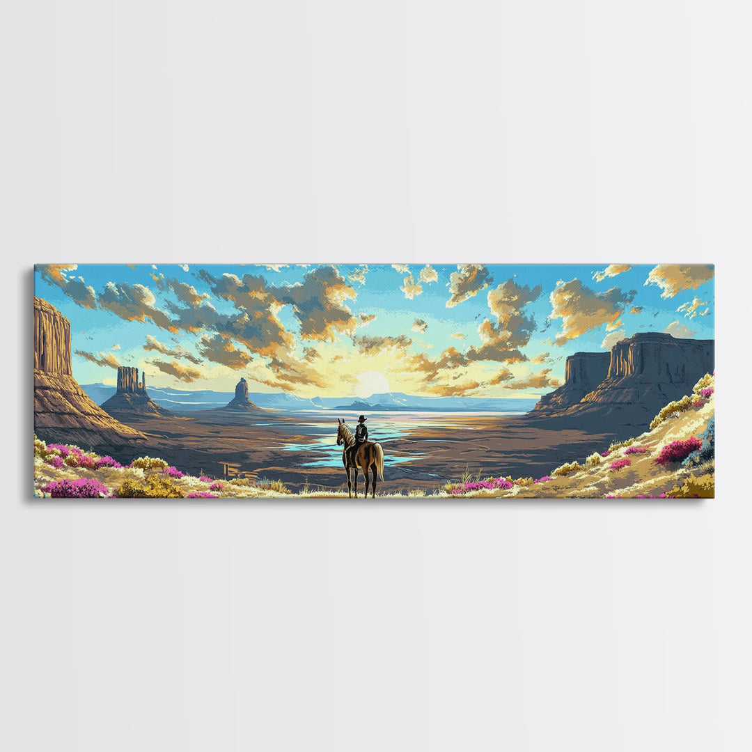 Western Desert Cowboy On Horse Framed Canvas Print, Monument Valley Wall Art, Southwestern Decor, Rustic Landscape Gift For Him