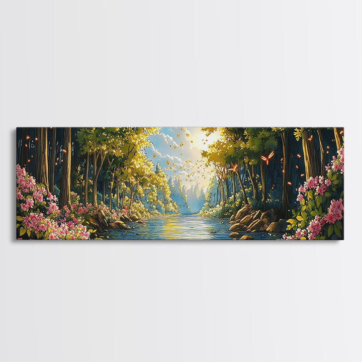 Enchanted Forest River With Flowers Canvas Print, Whimsical Wall Art, Nature Landscape Home Decor, Butterfly Gift For Her