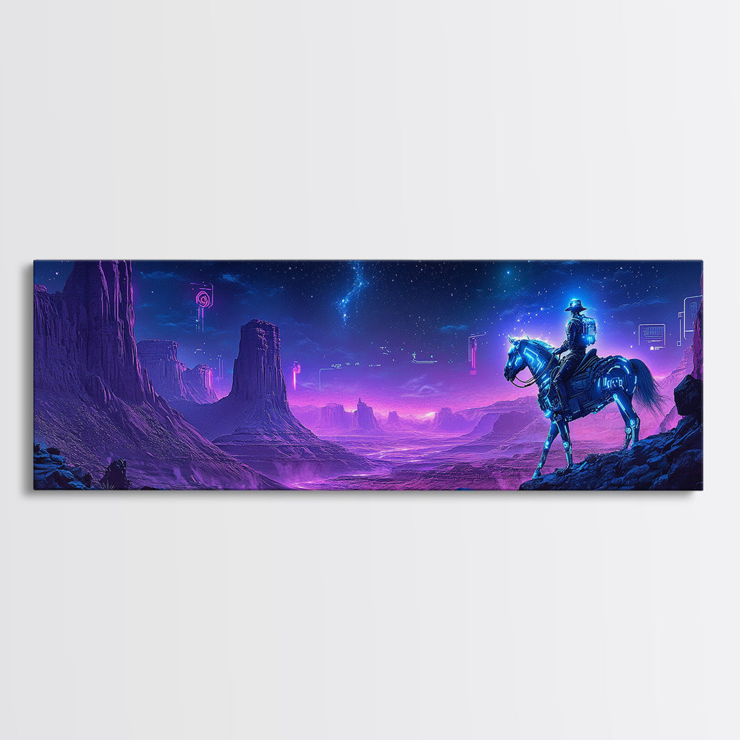 Neon Cyberpunk Cowboy In Desert Framed Canvas Print, Sci Fi Wall Art, Futuristic Western Decor, Gaming Room Gift For Him