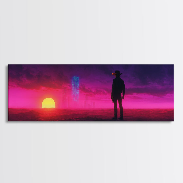 Neon Cowboy At Magenta Sunset Canvas Print, Cyberpunk Western Landscape, Futuristic Wall Decor, Gaming Room Art Gift For Him