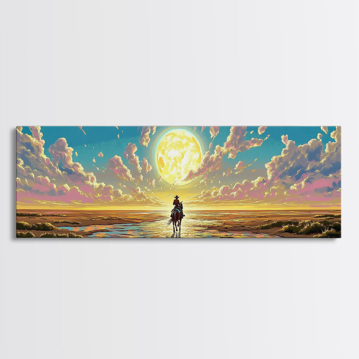 Solitary Rider Beneath Golden Moon Wall Art, Panoramic Western Landscape Print, Celestial Desert Decor, Above Bed Art Gift