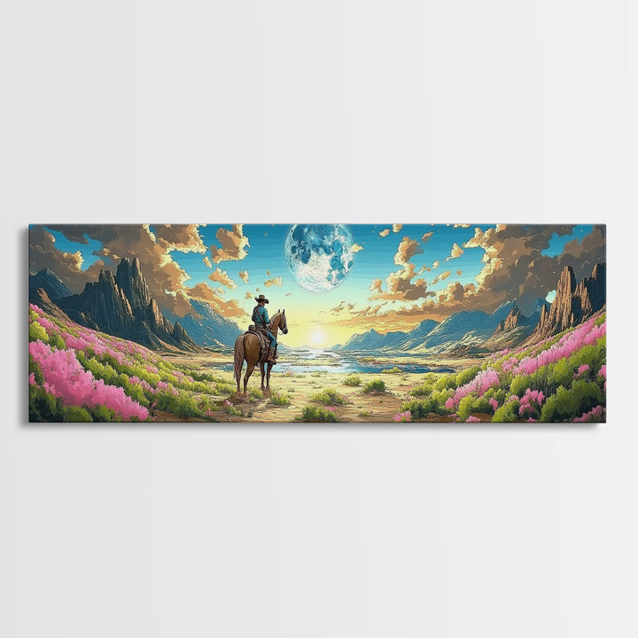 Cowboy On Horse In Moonlit Flower Valley Framed Canvas Print, Western Mountain Landscape, Pink Floral Wall Decor Gift For Her