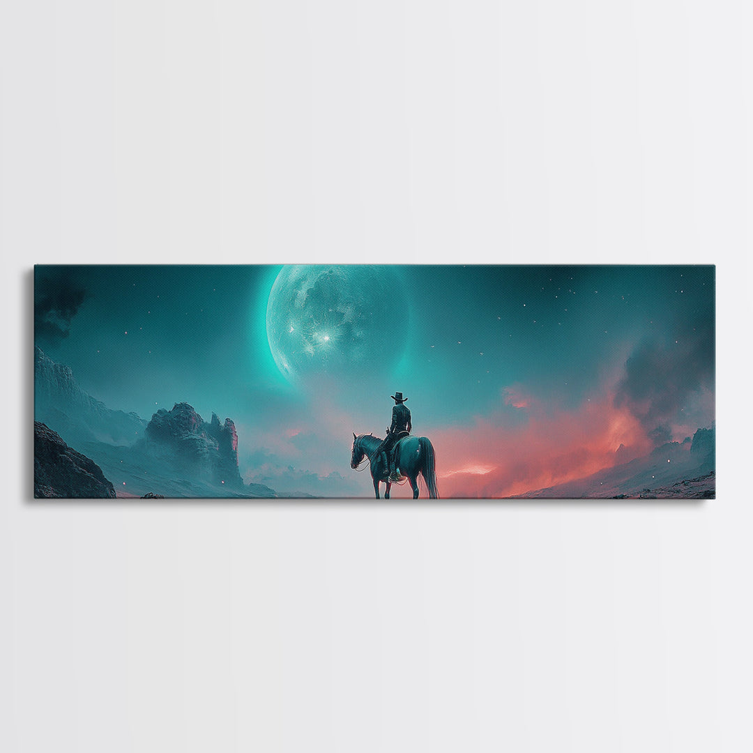 Moonlit Lone Rider In Teal Desert Wall Art, Fantasy Western Landscape Print, Moody Celestial Decor, Horse Lover Gift For Him
