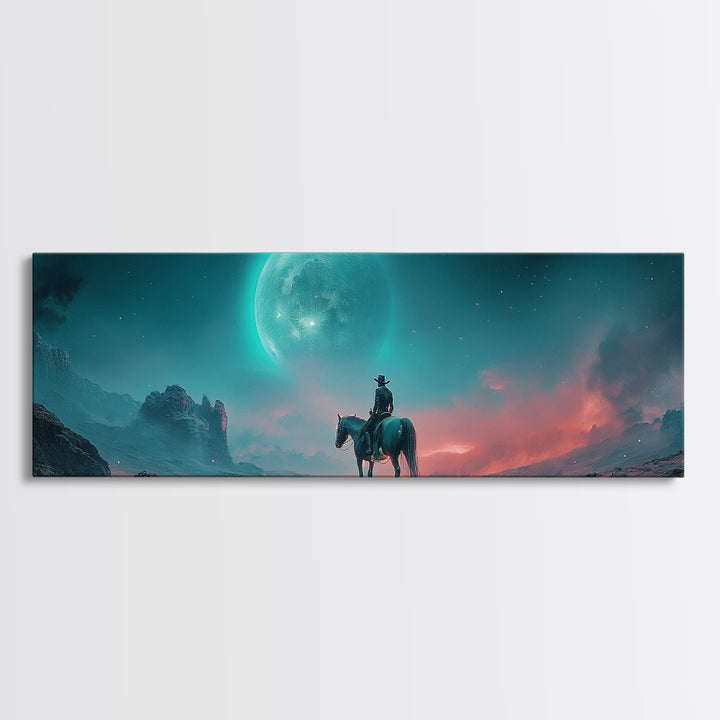 Moonlit Lone Rider In Teal Desert Wall Art, Fantasy Western Landscape Print, Moody Celestial Decor, Horse Lover Gift For Him