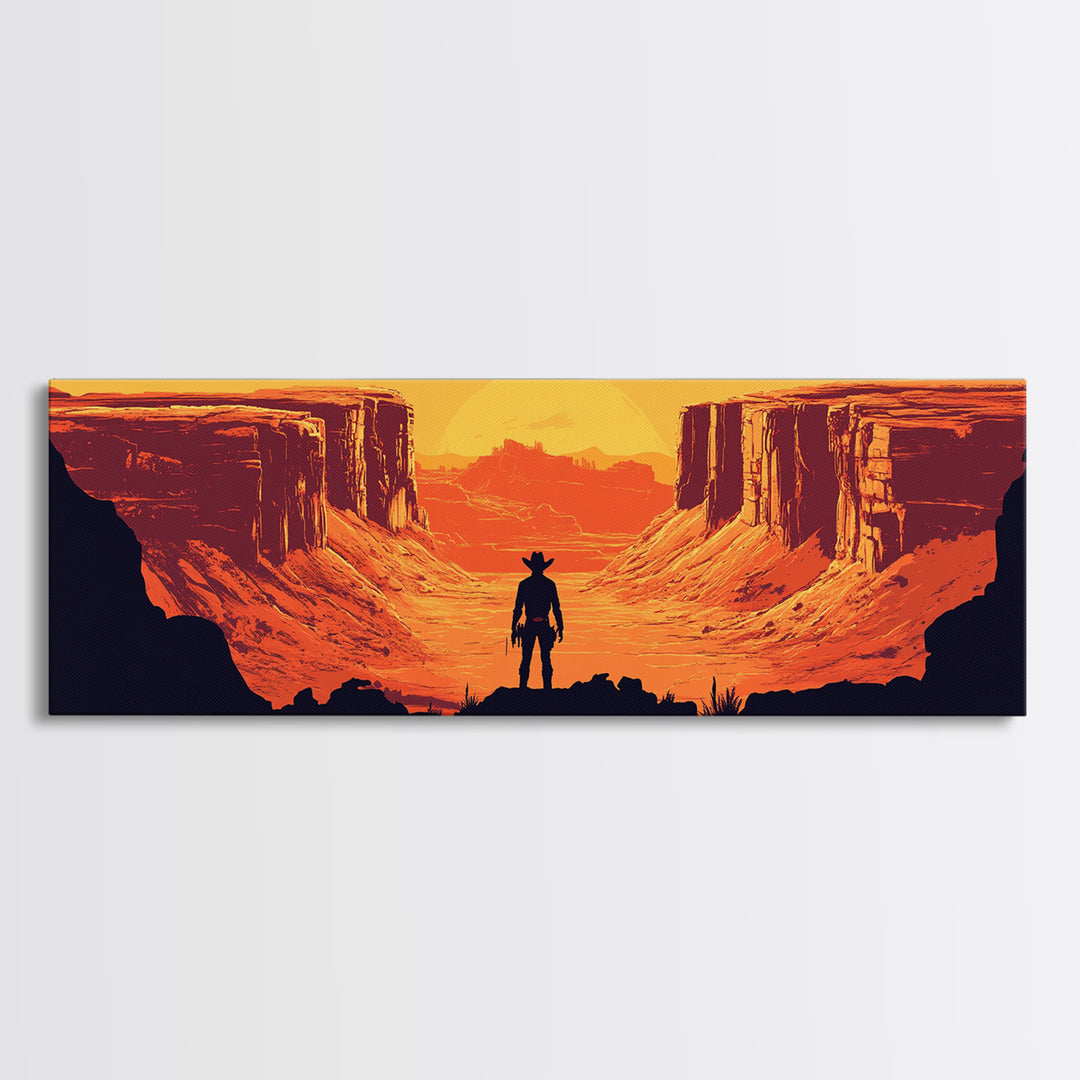 Cowboy Silhouette In Orange Desert Canyon Canvas Print, Retro Western Landscape, Southwestern Wall Decor, Man Cave Art Gift