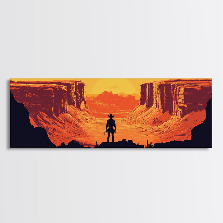 Cowboy Silhouette In Orange Desert Canyon Canvas Print, Retro Western Landscape, Southwestern Wall Decor, Man Cave Art Gift